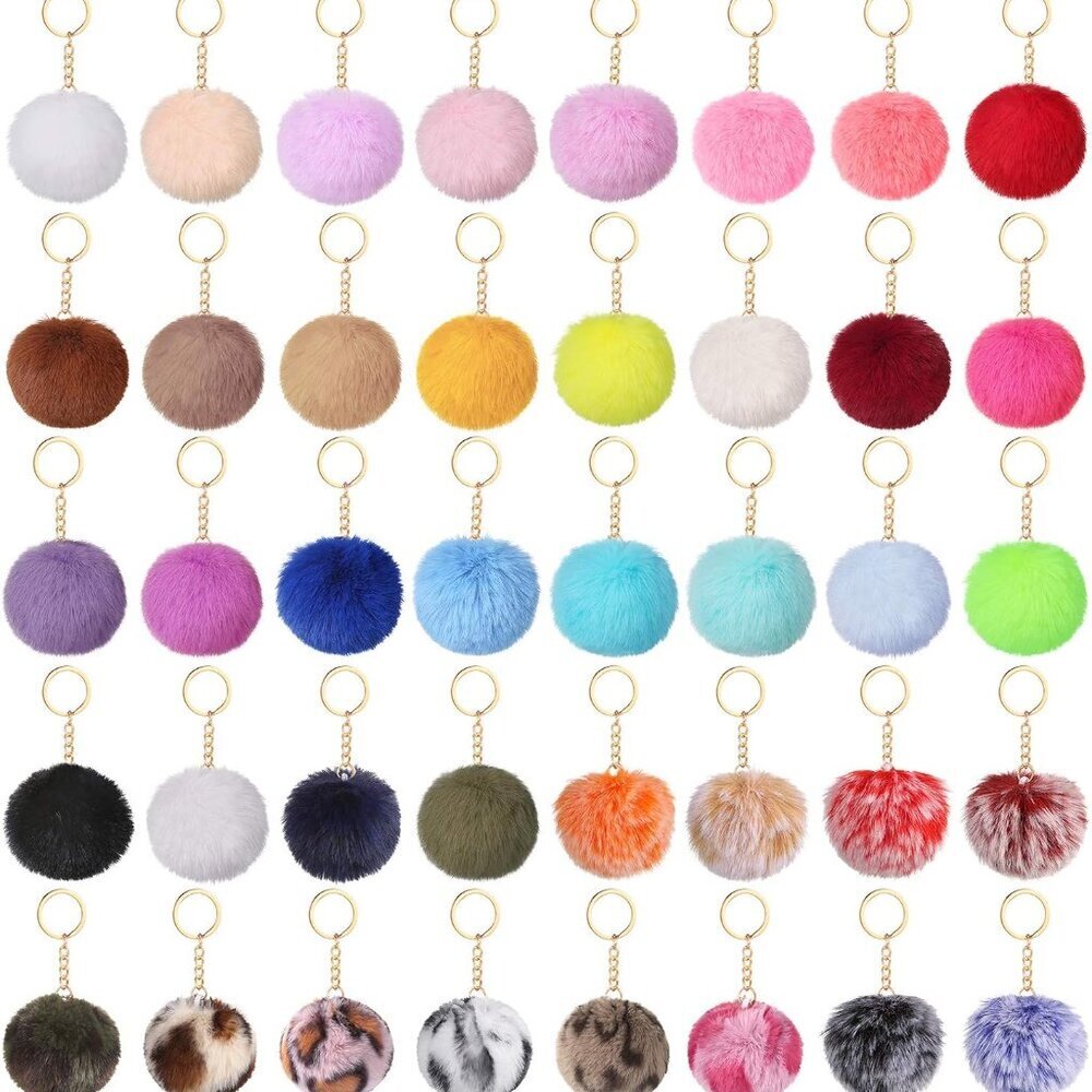 18/40/60 Pieces Pom Poms Keychains, Fluffy Faux Rabbit Fur Pompoms Keyring for G